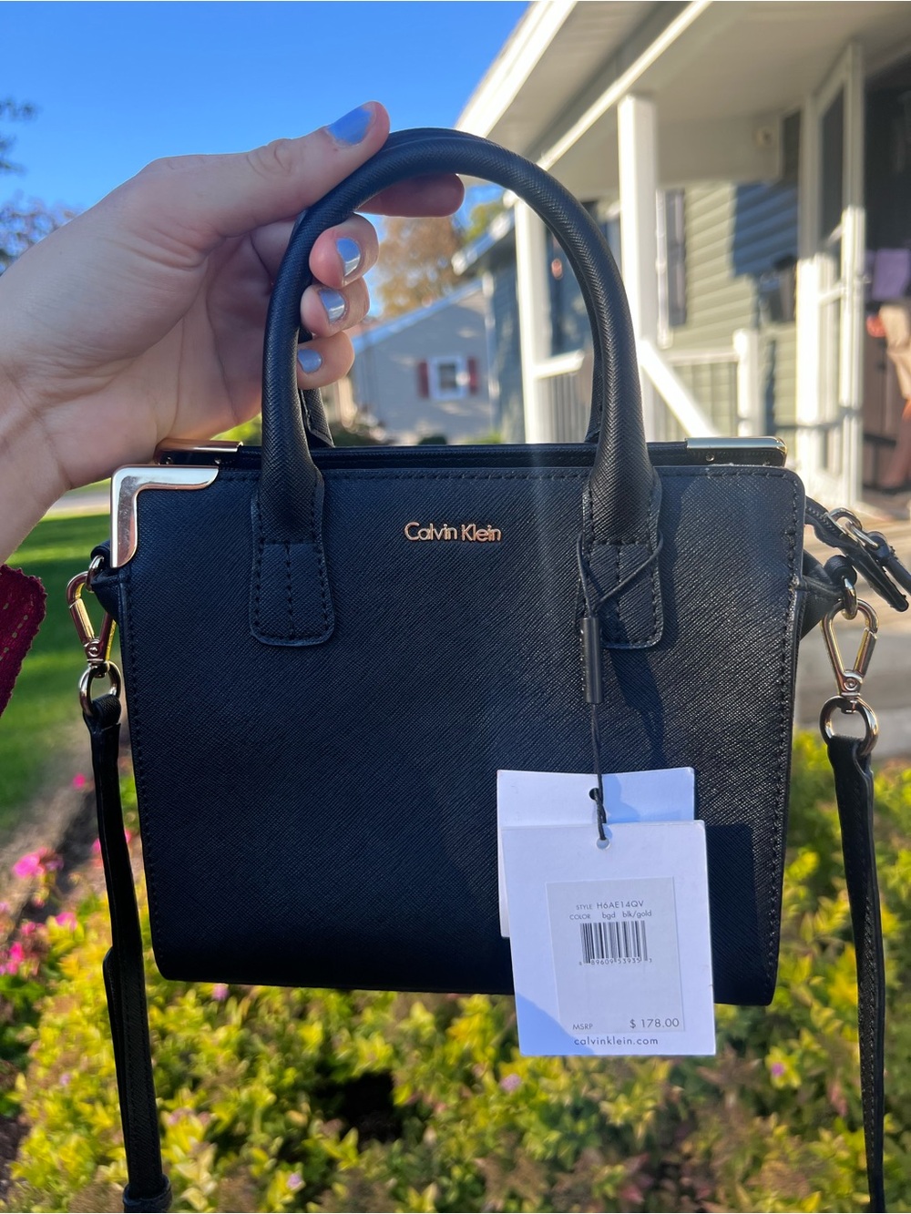 NWT Calvin Klein Black Saffiano Leather Crossbody Satchel Bag